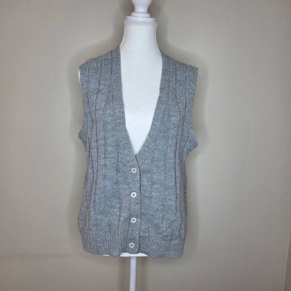 Vintage 80s Grey Sweater Vest Grannycore Preppy Cable‎ Knit Academic M